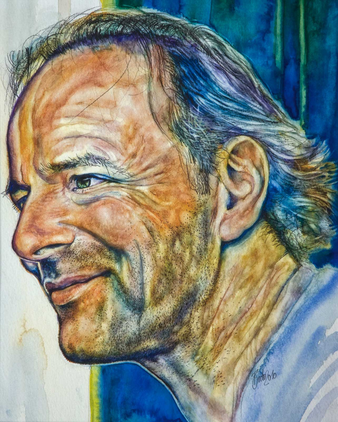 Portrait of Bernhard painted in watercolors and colored pencils Porträt von Bernhard in Aquarell mit Farbstiften
