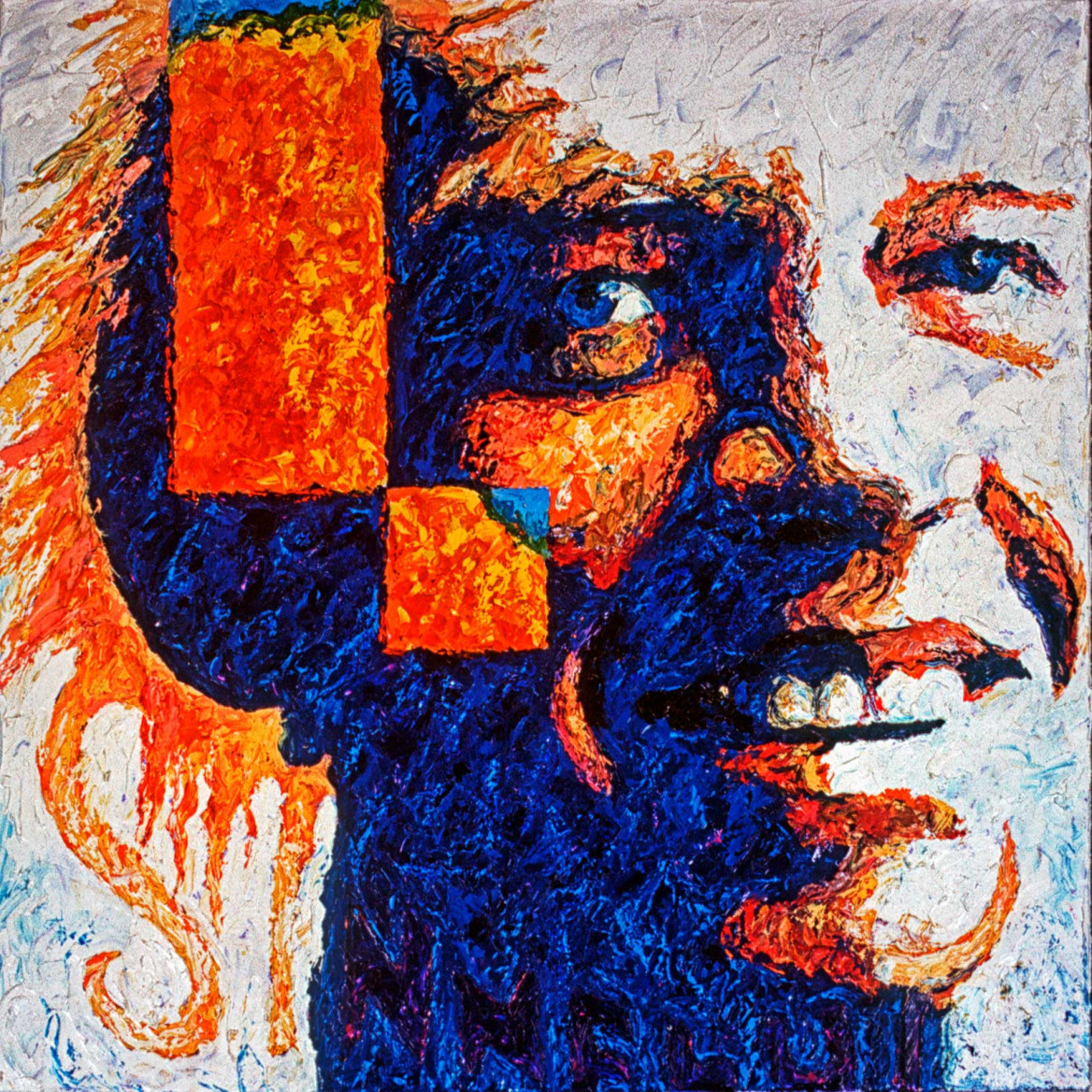 Portrait of Boernie in orange and blue painted with palette knife in oil on canvas; Porträt von Boernie in Blau- und Orangetönen gemalt in Öl mit Spachtelmesser auf Leinwand
