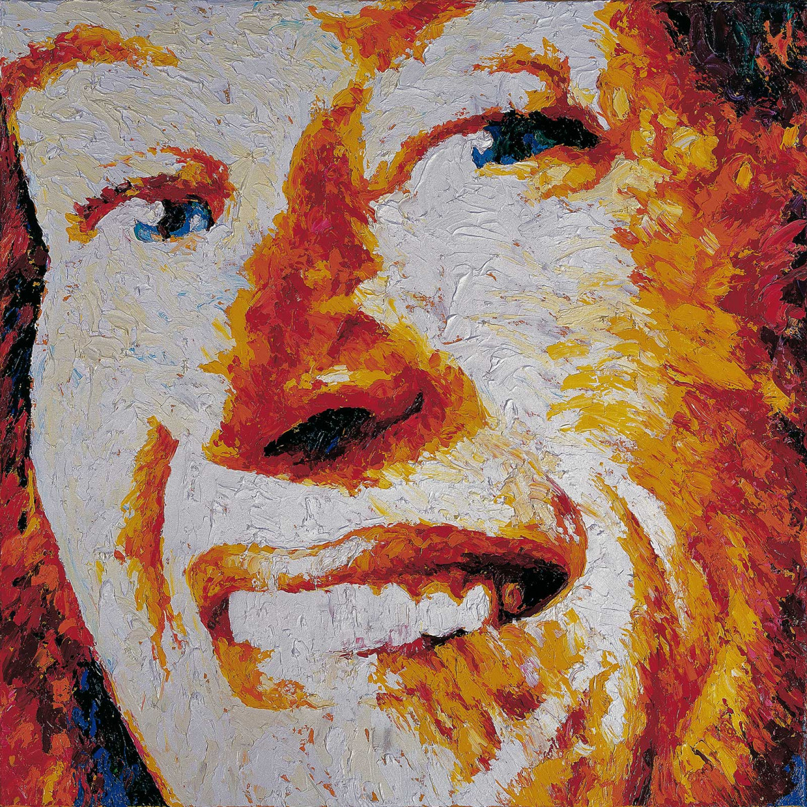 Portrait of Christa in red and orange painted with palette knife in oil on canvas; Porträt von Christa S. in rot und orange gemalt in Öl mit Spachtelmesser auf Leinwand