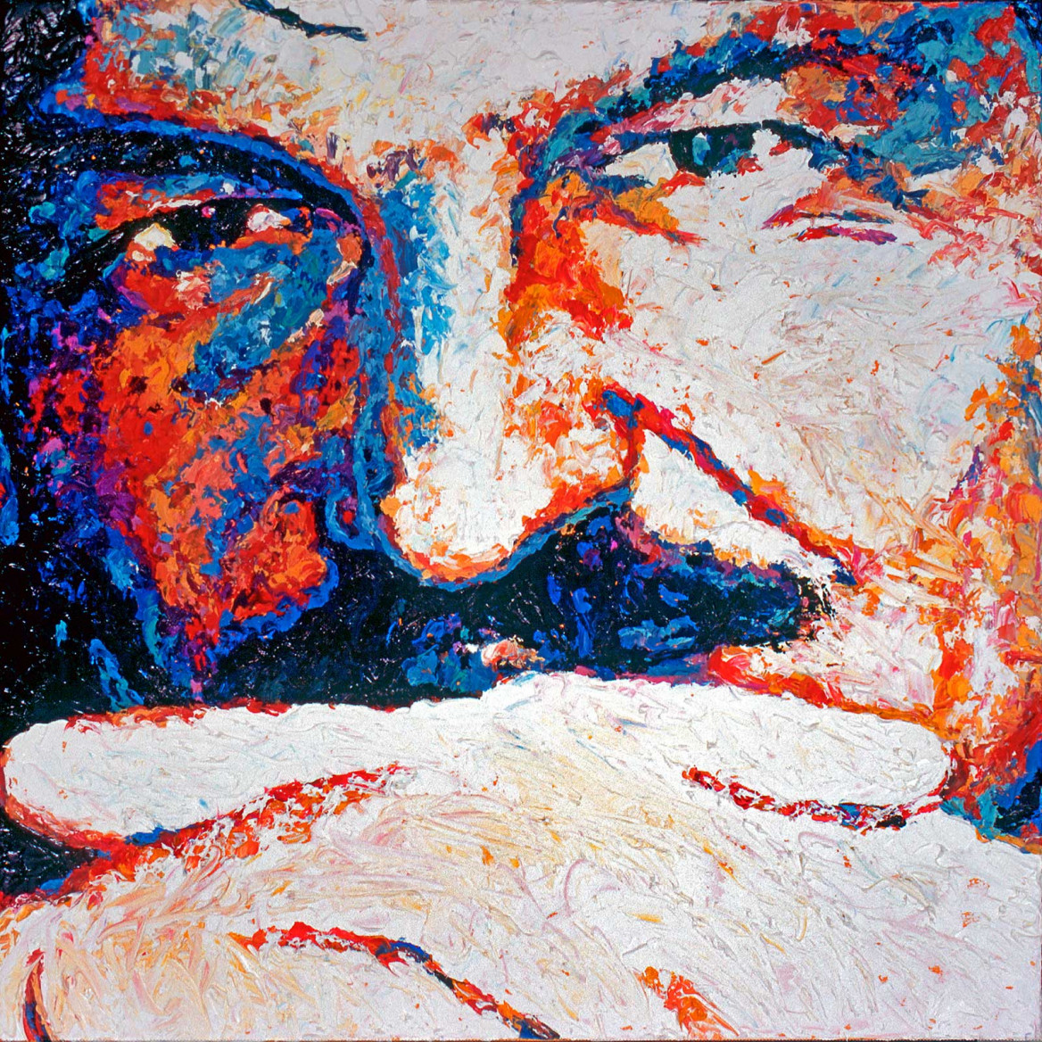 Portrait of Dirk in red and blue painted with palette knife in oil on canvas; Porträt von Dirk in Blau- und Rottönen gemalt in oel mit Spachtelmesser auf Leinwand