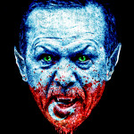 The Turkish President as a vampire who has blood stains of the Turkish nation symbolized by the turkish flag in his face. Der türkische Präsident Erdogan dargestellt als Vampir mit Blutflecken der türkischen Flagge im Gesicht.