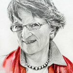 Pencil drawing of Eva Maria with a red scarf in watercolor; Bleistiftzeichnung von Eva Maria mit rotem Schal in Aquarell
