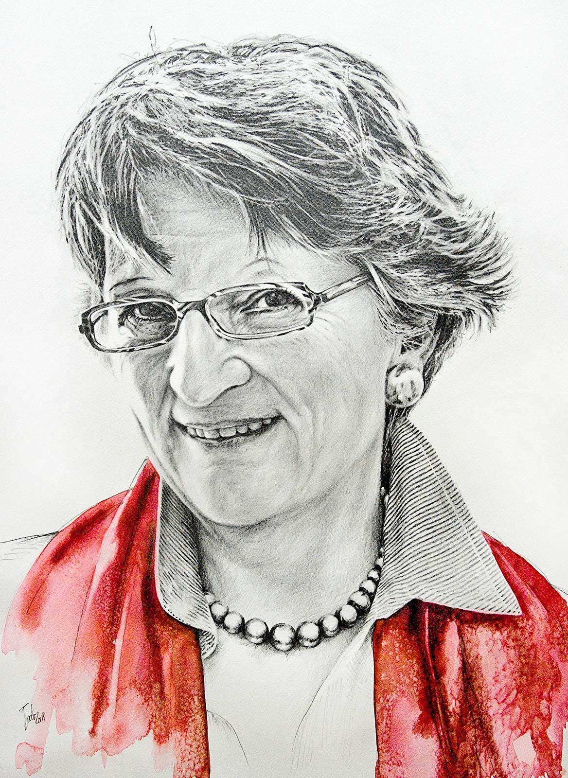 Pencil drawing of Eva Maria with a red scarf in watercolor; Bleistiftzeichnung von Eva Maria mit rotem Schal in Aquarell