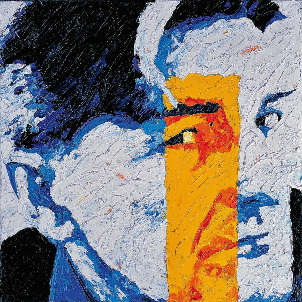 Portrait of Hans in blue with a yellow stripe painted with palette knife in oil on canvas; Spachtelmesser von Hans in Blautönen mit gelbem Streifen gemalt in Öl mit Spachtelmesser auf Leinwand