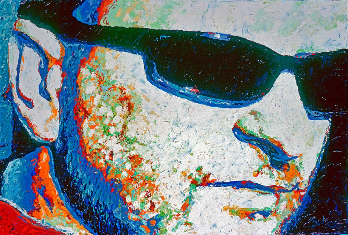 Portrait of Harry S. with sunglasses painted with palette knife in oil on canvas; Porträt von Harry S. mit Sonnenbrille gemalt in Öl mit Spachtelmesser auf Leinwand