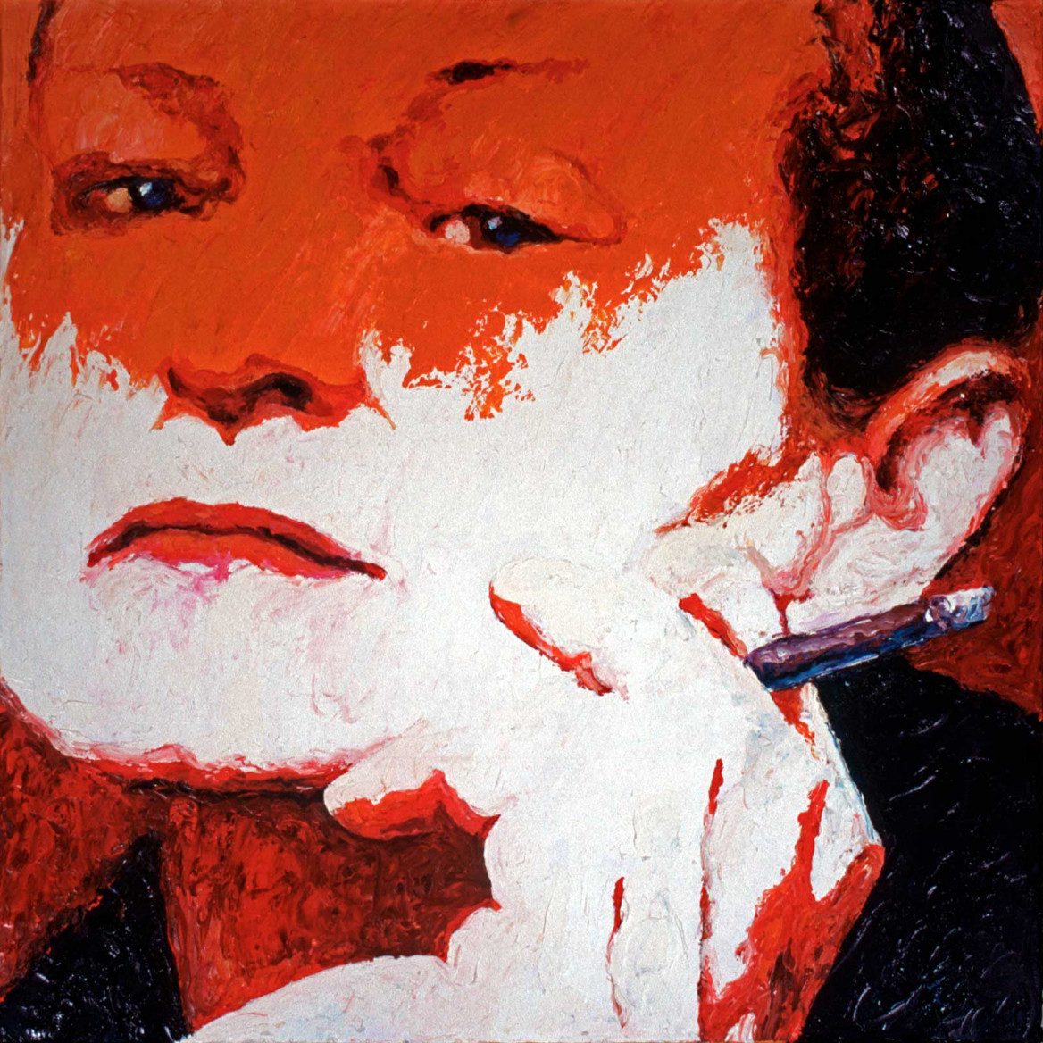 Portrait of Helma with a cigarillo in red