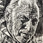 Portrait drawing of Johannes in black charcoal on grey paper Porträtzeichnung von Johannes in schwarzer Kreide auf grauem Papier