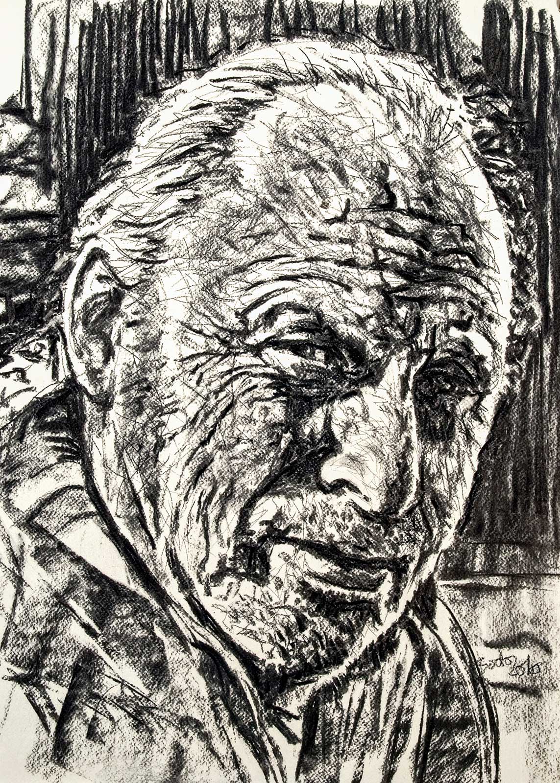 Portrait drawing of Johannes in black charcoal on grey paper Porträtzeichnung von Johannes in schwarzer Kreide auf grauem Papier