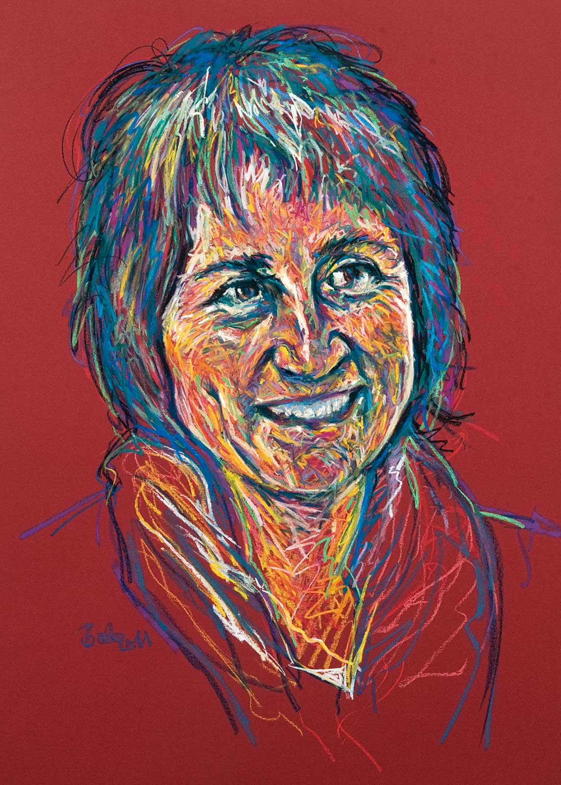 Colorful portrait drawing of Martina in pastels on red paper; Farbenfrohes Porträt von Martina in Pastellkreide auf rotem Papier