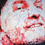 Portrait of Peter in white and red painted with palette knife in oil on canvas; Porträt von Peter in Rottönen gemalt in Öl mit Spachtelmesser auf Leinwand