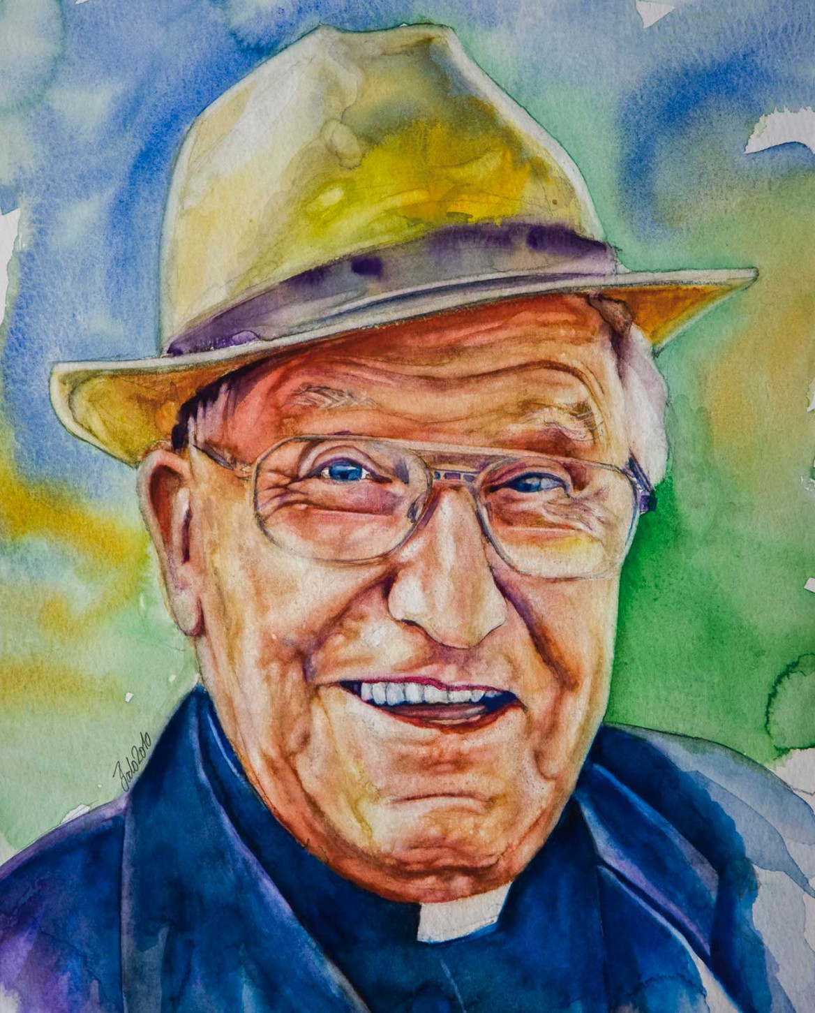 Colorful portrait of Anton with hat painted in watercolors Farbenfrohes Porträt von Pfarrer Anton in Aquarell