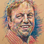 Colorful portrait drawing of Stephan in pastels on brown paper; Farbenfrohe Porträtzeichnung von Stefan in Pastellkreide auf braunem Papier