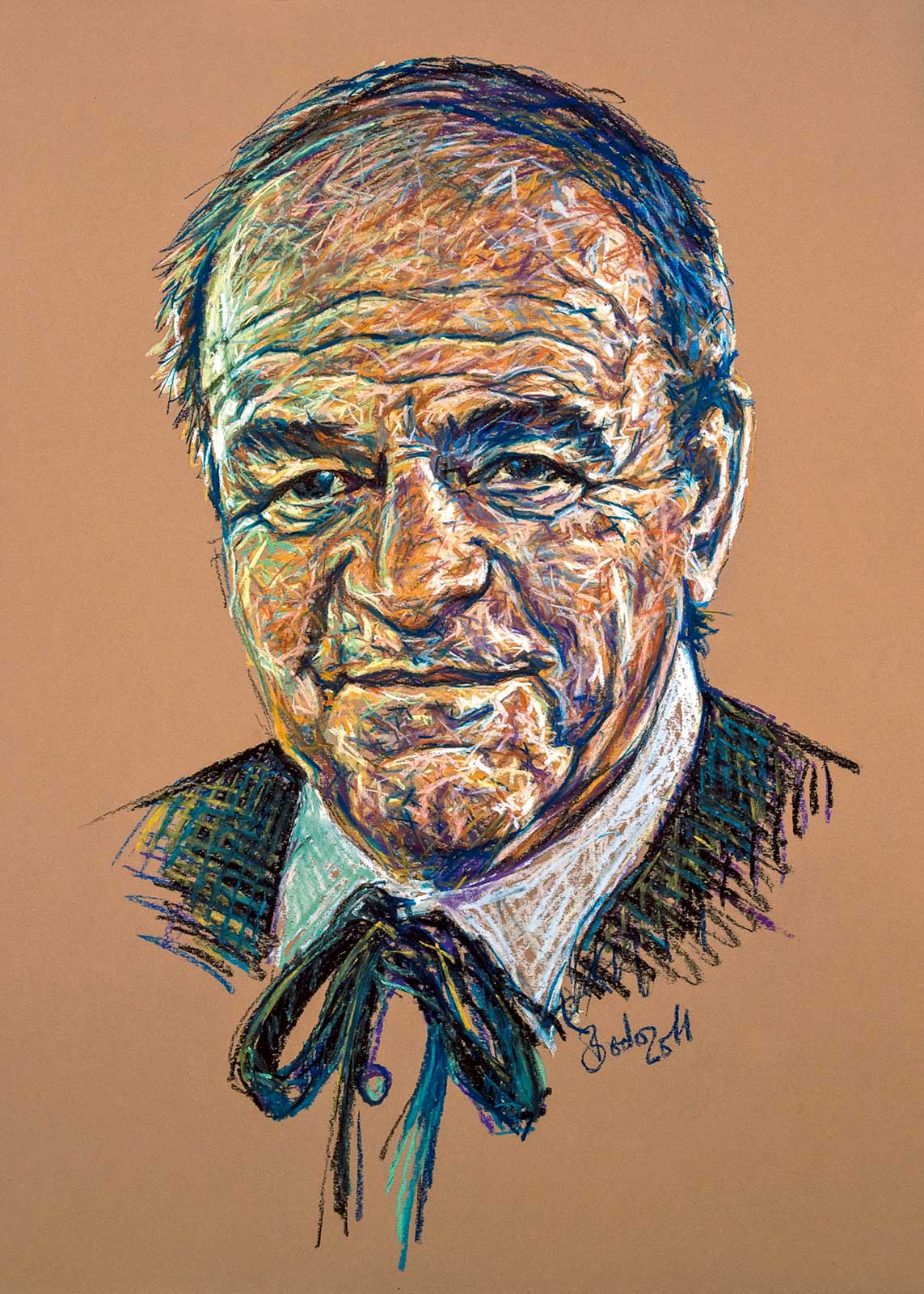 Portrait drawing of Theo in pastels on brown paper; Farbenfrohes Porträt von Theo in Pastellkreide auf braunem Papier
