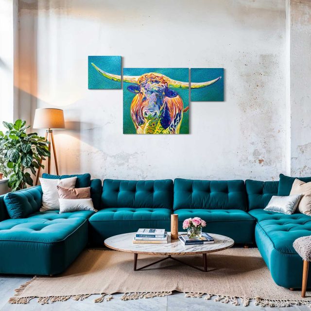 Porträtgemälde des Longhornbullen hängt an der Wand hinter einer Couchgarnitur