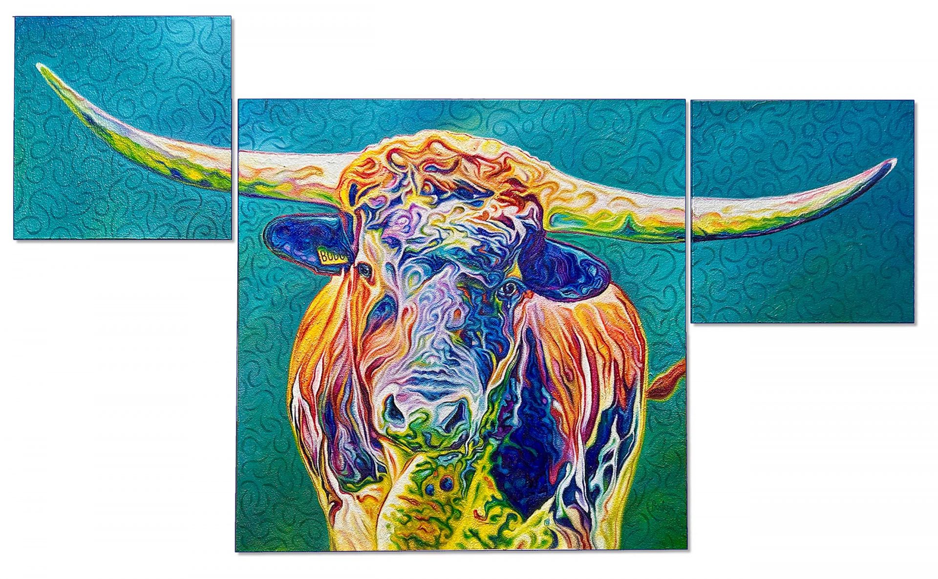 Triptychon Porträtgemälde des Longhornbullen "Bodo"