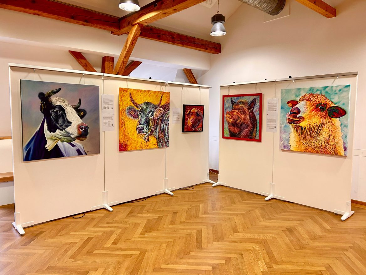 Der VHS-Ausstellungsraum mit Parkettboden, Holzbalkendecke und modernen Leuchten. An den Stellwänden hängen bunte, detailreiche Tierporträts auf Leinwänden von zwei Kühen, zwei Schweinen und einem Schaf.