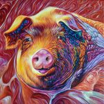 Painted portrait of the pig Olli within a meaty background