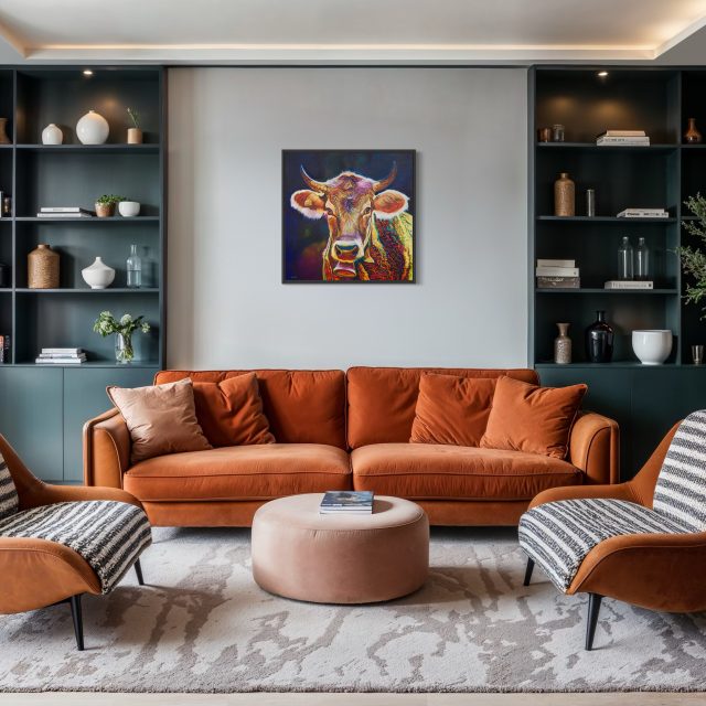 Porträt der Kuh Huberte an einer Wohnzimmerwand über orangener Couchgarnitur zwischen zwei Bücherregalen