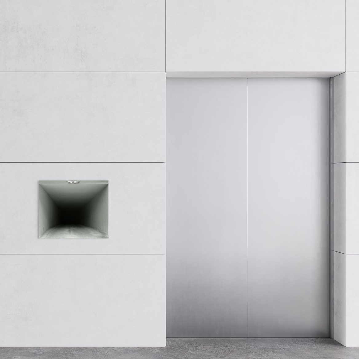 Eine minimalistische, moderne Innenansicht mit hellgrauen Wandpaneelen und einer geschlossenen Aufzugstür aus gebürstetem Edelstahl. In die linke Wand ist ein kleines, quadratisches Kunstwerk eingelassen, das optisch wie ein Loch in der Wand wirkt: Es zeigt eine perspektivische Ansicht eines in tiefe Dunkelheit führenden Tunnels, über dessen Eingang ein kleines Schild mit der Aufschrift „AUSFAHRT“ angebracht ist.